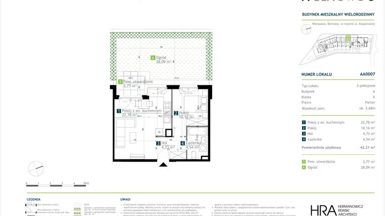 Rzut - Mieszkanie na sprzedaż 2 pokoje o powierzchni 42,21 m² - numer AA0007 w M Bemowo