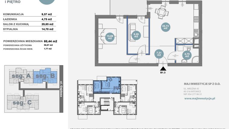 Rzut - Mieszkanie na sprzedaż 2 pokoje o powierzchni 60,44 m² - numer B1.3 w Nowy Radzionków