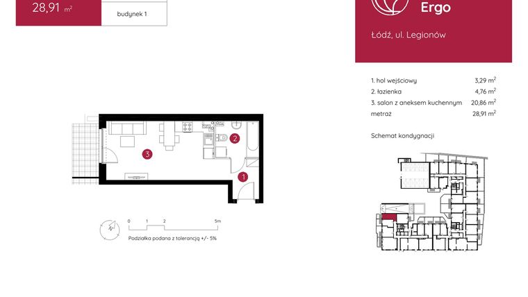 Rzut - Mieszkanie na sprzedaż 1 pokój o powierzchni 28,91 m² - numer 1.A.0.06 w Murapol Ergo