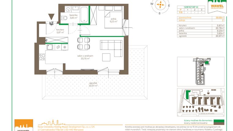 Rzut - Mieszkanie na sprzedaż 2 pokoje o powierzchni 39,69 m² - numer F/9 w Ostródzka 123 - III etap