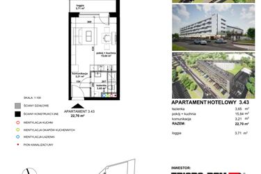 Rzut - Mieszkanie na sprzedaż 1 pokój o powierzchni 22,64 m² - numer 3.43 w Apartamentowiec Zwycięska 3 - inwestycyjne