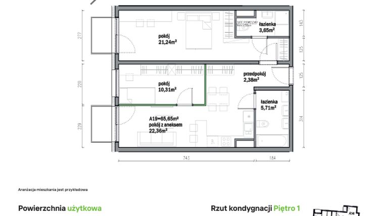 Rzut - Mieszkanie na sprzedaż 3 pokoje o powierzchni 65,65 m² - numer A19 w Traugutta Vita