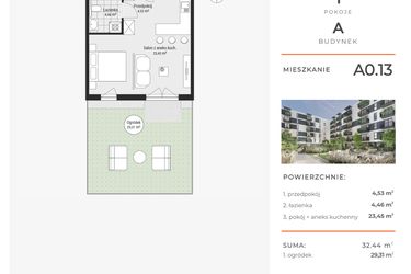 Rzut - Mieszkanie na sprzedaż 1 pokój o powierzchni 32,49 m² - numer A0.13 w Enklawa Bukowa