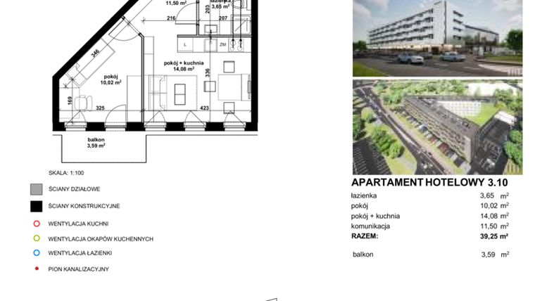 Rzut - Mieszkanie na sprzedaż 2 pokoje o powierzchni 39,44 m² - numer 3.10 w Apartamentowiec Zwycięska 3 - inwestycyjne