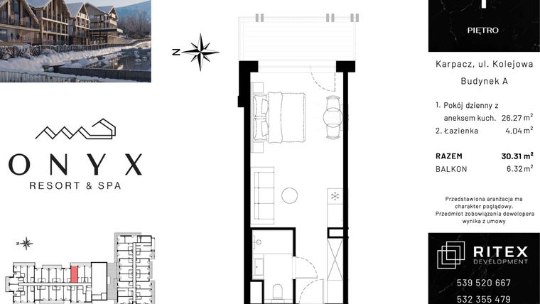 Rzut - Mieszkanie na sprzedaż 1 pokój o powierzchni 30,31 m² - numer 01.A18 w Onyx Resort & Spa