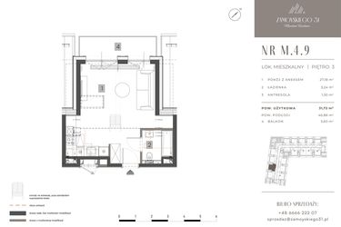 Rzut - Mieszkanie na sprzedaż 1 pokój o powierzchni 31,72 m² - numer M.4.9 w Zamoyskiego 31