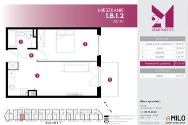 Rzut - Mieszkanie na sprzedaż 2 pokoje o powierzchni 41,51 m² - numer 1.B.1.2 w Maślice Wrocław Milo Dobry Deweloper etap IV
