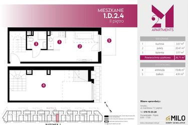 Rzut - Mieszkanie na sprzedaż 2 pokoje o powierzchni 46,17 m² - numer 1.D.2.4 w Maślice Wrocław Milo Dobry Deweloper etap IV
