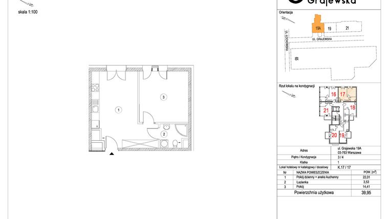Rzut - Mieszkanie na sprzedaż 2 pokoje o powierzchni 39,93 m² - numer M-17 w Apartamenty Grajewska
