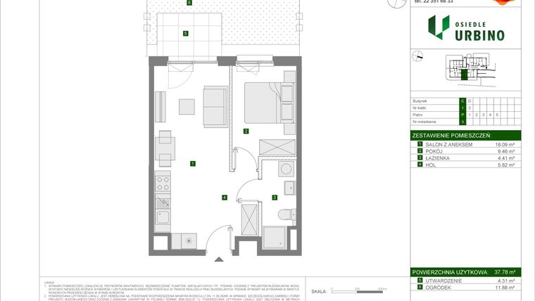 Rzut - Mieszkanie na sprzedaż 2 pokoje o powierzchni 37,78 m² - numer C3 w Osiedle Urbino etap 4.2