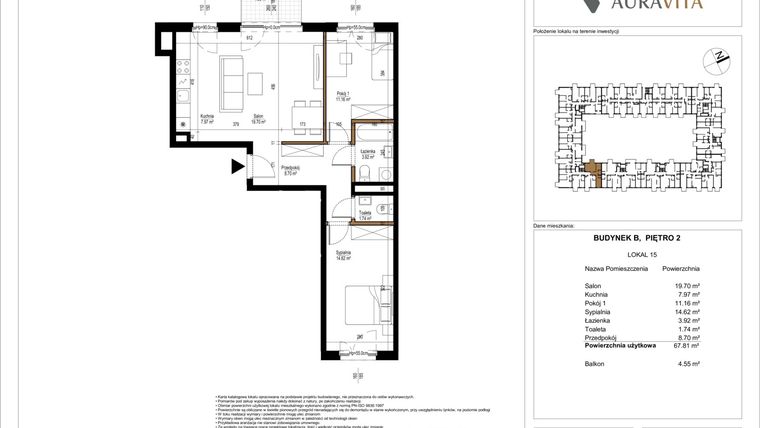 Rzut - Mieszkanie na sprzedaż 3 pokoje o powierzchni 67,81 m² - numer B.15 w Aura Vita II