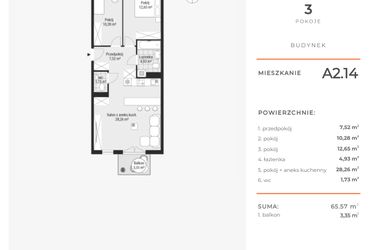 Rzut - Mieszkanie na sprzedaż 3 pokoje o powierzchni 65,49 m² - numer A2.14 w Enklawa Bukowa