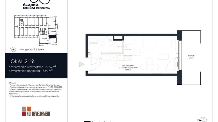 Rzut - Mieszkanie na sprzedaż 1 pokój o powierzchni 19,56 m² - numer 2.19 w Śląska Osiem