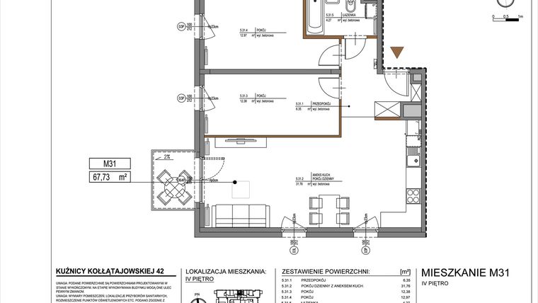 Rzut - Mieszkanie na sprzedaż 3 pokoje o powierzchni 67,73 m² - numer M31 w Kuźnicy Kołłątajowskiej 42