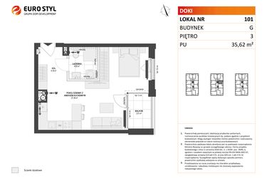 Rzut - Mieszkanie na sprzedaż 1 pokój o powierzchni 35,62 m² - numer G.101 w DOKI etap II (bud. G)