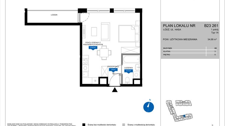 Rzut - Mieszkanie na sprzedaż 1 pokój o powierzchni 34,68 m² - numer B23 261 w Flow - bud. B2 A i bud. B2 B