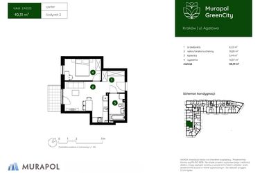 Rzut - Mieszkanie na sprzedaż 2 pokoje o powierzchni 40,31 m² - numer 2.A.0.05 w Murapol GreenCity bud. 2