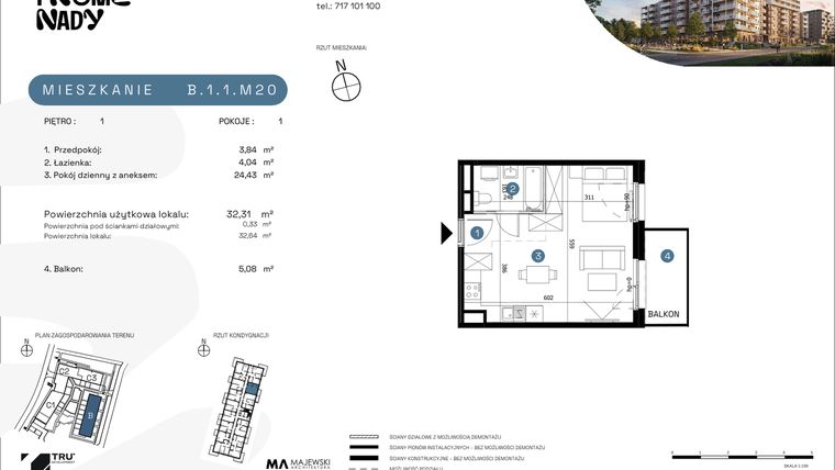 Rzut - Mieszkanie na sprzedaż 1 pokój o powierzchni 32,31 m² - numer B.1.1.M20 w Nowe Promenady etap II
