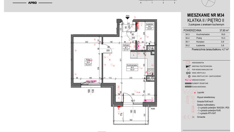 Rzut - Mieszkanie na sprzedaż 2 pokoje o powierzchni 37,6 m² - numer 34 w Antczaka 46