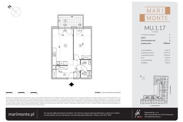 Rzut - Mieszkanie na sprzedaż 2 pokoje o powierzchni 47,81 m² - numer MU.1.17 w Marimonte - lokale inwestycyjne