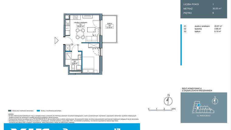 Rzut - Mieszkanie na sprzedaż 1 pokój o powierzchni 30,62 m² - numer A.6.13 w Rakoczego 17
