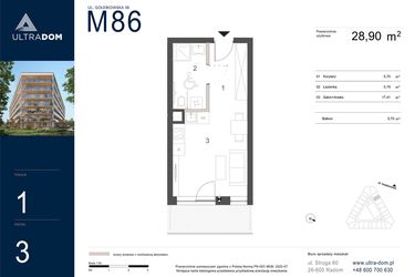 Rzut - Mieszkanie na sprzedaż 1 pokój o powierzchni 28,9 m² - numer M086 w Ultradom