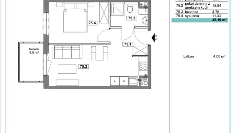 Rzut - Mieszkanie na sprzedaż 2 pokoje o powierzchni 35,18 m² - numer D.75 w Osiedle Kościuszki etap II