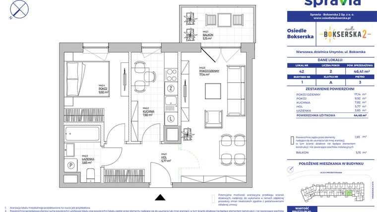 Rzut - Mieszkanie na sprzedaż 2 pokoje o powierzchni 46,41 m² - numer B1.42 w Osiedle Bokserska 2
