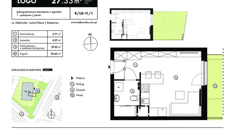 Rzut - Mieszkanie na sprzedaż 1 pokój o powierzchni 27,33 m² - numer R-LG-11-1 w os. Dąbrówka – Leśna Polana