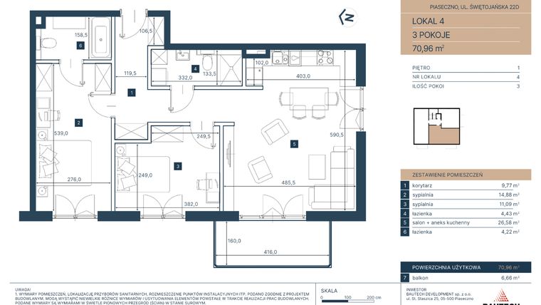 Rzut - Mieszkanie na sprzedaż 3 pokoje o powierzchni 70,96 m² - numer 4 w Classy Świętojańska