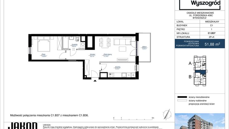 Rzut - Mieszkanie na sprzedaż 2 pokoje o powierzchni 51,88 m² - numer C1.B37 w Nowy Wyszogród etap II