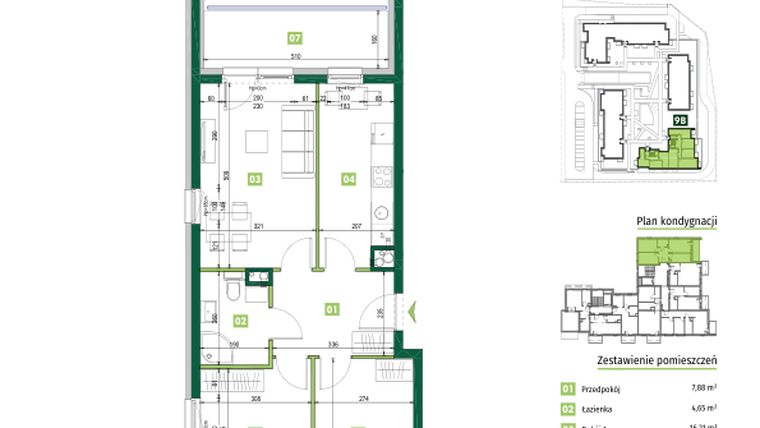 Rzut - Mieszkanie na sprzedaż 3 pokoje o powierzchni 64,74 m² - numer 9B.16 w Zielona Przystań etap III