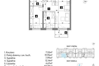 Rzut - Mieszkanie na sprzedaż 3 pokoje o powierzchni 52,24 m² - numer A1/5/3 w Metr Kwadrat