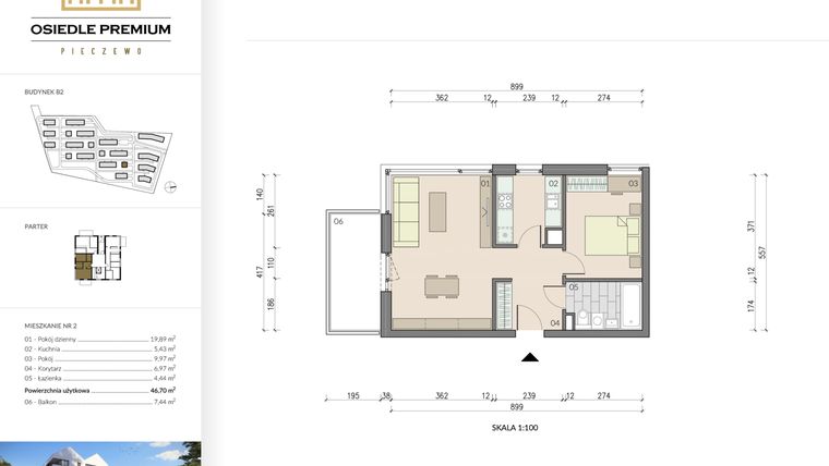Rzut - Mieszkanie na sprzedaż 2 pokoje o powierzchni 46,7 m² - numer B2.2 w Osiedle Premium etap IV