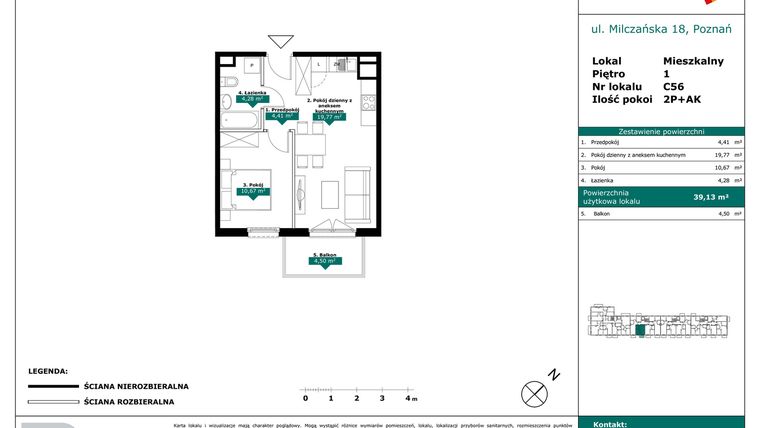 Rzut - Mieszkanie na sprzedaż 2 pokoje o powierzchni 39,13 m² - numer C56 w Milczańska 18