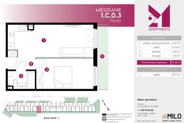 Rzut - Mieszkanie na sprzedaż 2 pokoje o powierzchni 41,68 m² - numer 1.C.0.3 w 2M Apartments etap IV