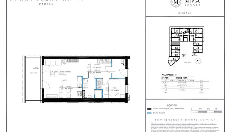 Rzut - Mieszkanie na sprzedaż 2 pokoje o powierzchni 49,66 m² - numer 11 w Miła Resort
