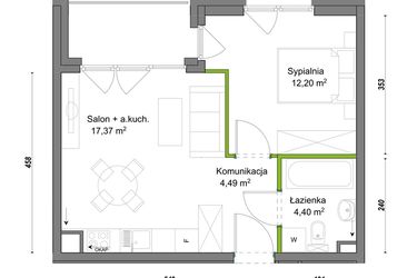 Rzut - Mieszkanie na sprzedaż 2 pokoje o powierzchni 38,46 m² - numer E1/C/04 w Orawska Vita
