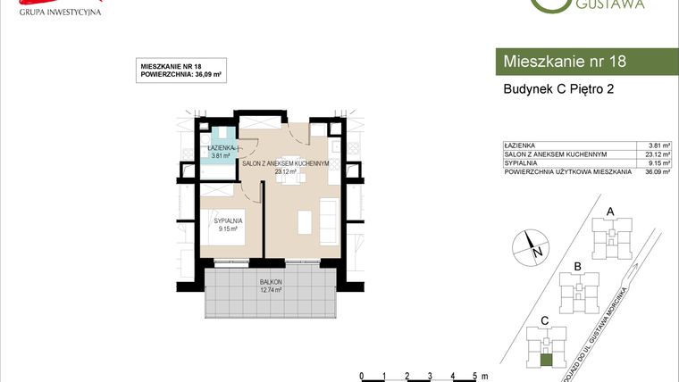 Rzut - Mieszkanie na sprzedaż 2 pokoje o powierzchni 36,09 m² - numer C18 w Wzgórze Gustawa