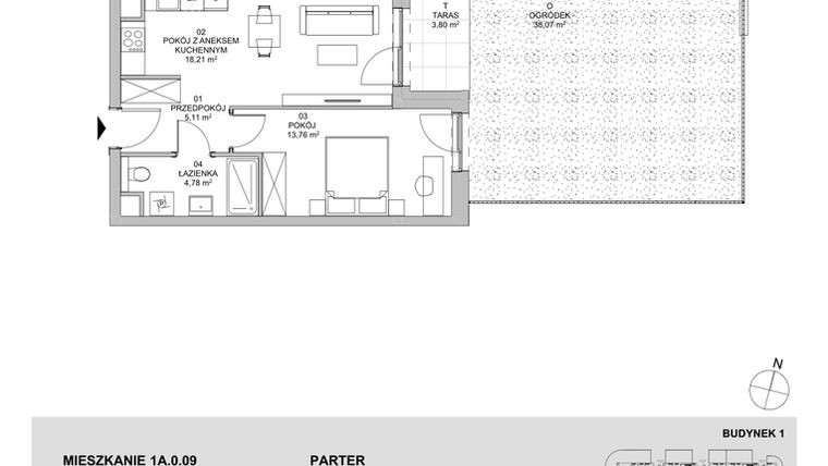 Rzut - Mieszkanie na sprzedaż 2 pokoje o powierzchni 41,86 m² - numer 1A.0.09 w Francuska Park VIIIB