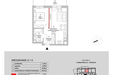 Rzut - Mieszkanie na sprzedaż 2 pokoje o powierzchni 39,3 m² - numer 6.1.5 w Osiedle Przyjemne III