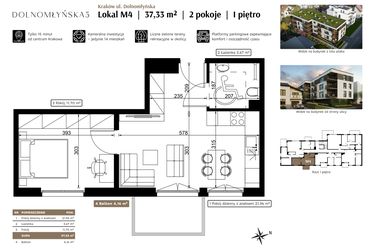 Rzut - Mieszkanie na sprzedaż 2 pokoje o powierzchni 37,33 m² - numer M4 w Dolnomłyńska 5