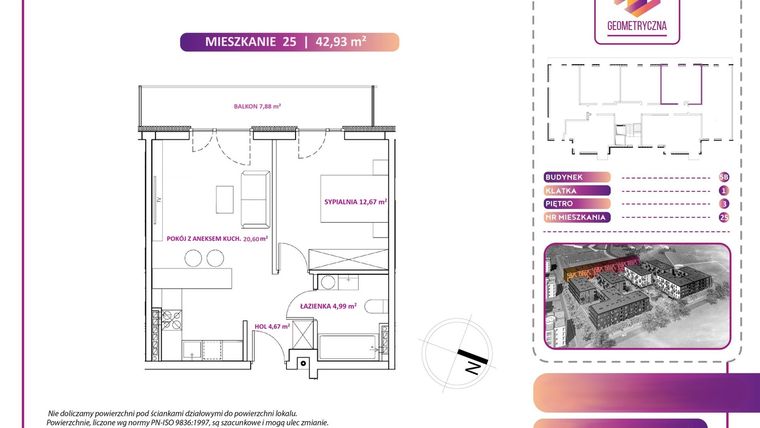 Rzut - Mieszkanie na sprzedaż 2 pokoje o powierzchni 42,93 m² - numer 25B w Geometryczna 5 - etap 3 - klatka I