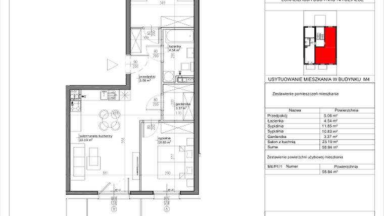 Rzut - Mieszkanie na sprzedaż 3 pokoje o powierzchni 58,89 m² - numer M4/P1/1 w Nowa Klecina
