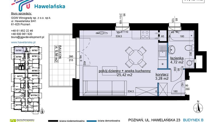 Rzut - Mieszkanie na sprzedaż 1 pokój o powierzchni 33,42 m² - numer B/7/83 w Osiedle Hawelańska etap III - bud. B