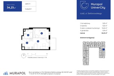 Rzut - Mieszkanie na sprzedaż 1 pokój o powierzchni 34,23 m² - numer 1.C.5.12 w Murapol UniverCity