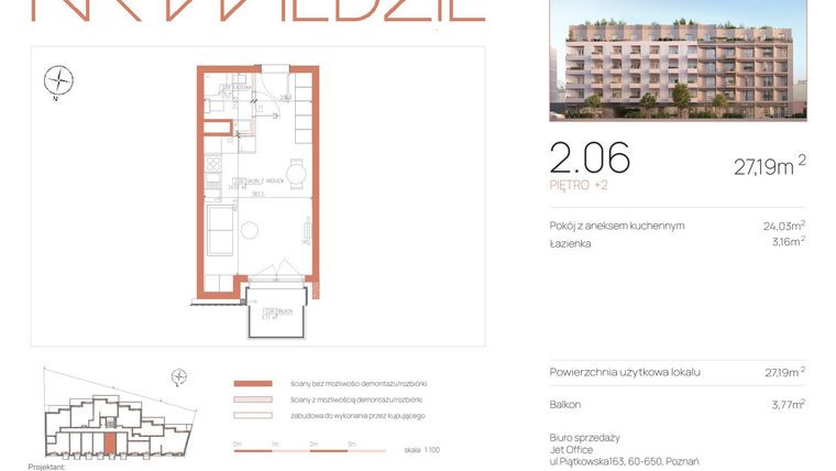 Rzut - Mieszkanie na sprzedaż 1 pokój o powierzchni 27,19 m² - numer 2.06 w Na Wildzie