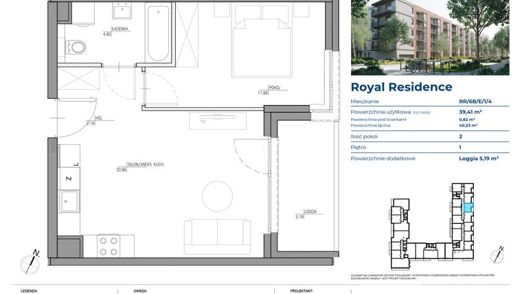 Rzut - Mieszkanie na sprzedaż 2 pokoje o powierzchni 39,46 m² - numer RR/6B/E/1/4 w Royal Residence 6B