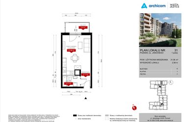 Rzut - Mieszkanie na sprzedaż 1 pokój o powierzchni 31,15 m² - numer K.31 w Wieża Jeżyce etap V