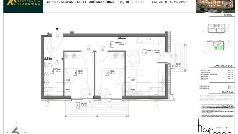 Rzut - Mieszkanie na sprzedaż 3 pokoje o powierzchni 49 m² - numer B1.11 w Rezydencja Chłabówka
